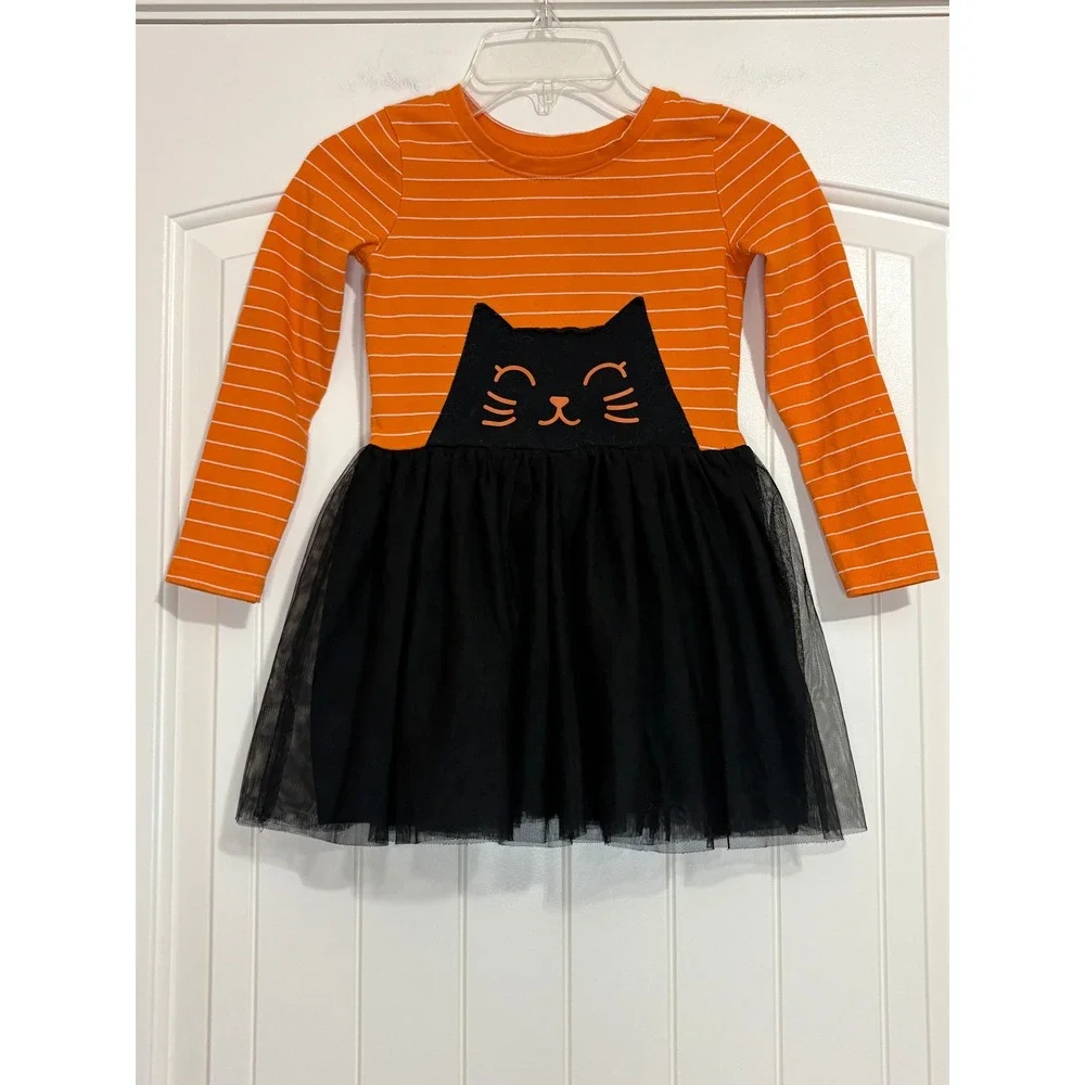 Cat & Jack Girls 5T Halloween Black Cat Tutu Dress Orange Striped Long Sleeve